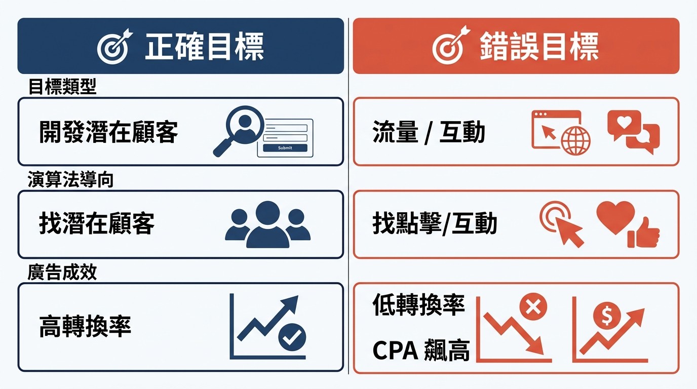 扁平雙欄資訊圖:比較名單型廣告的「正確目標」與「錯誤目標」及其成效差異。