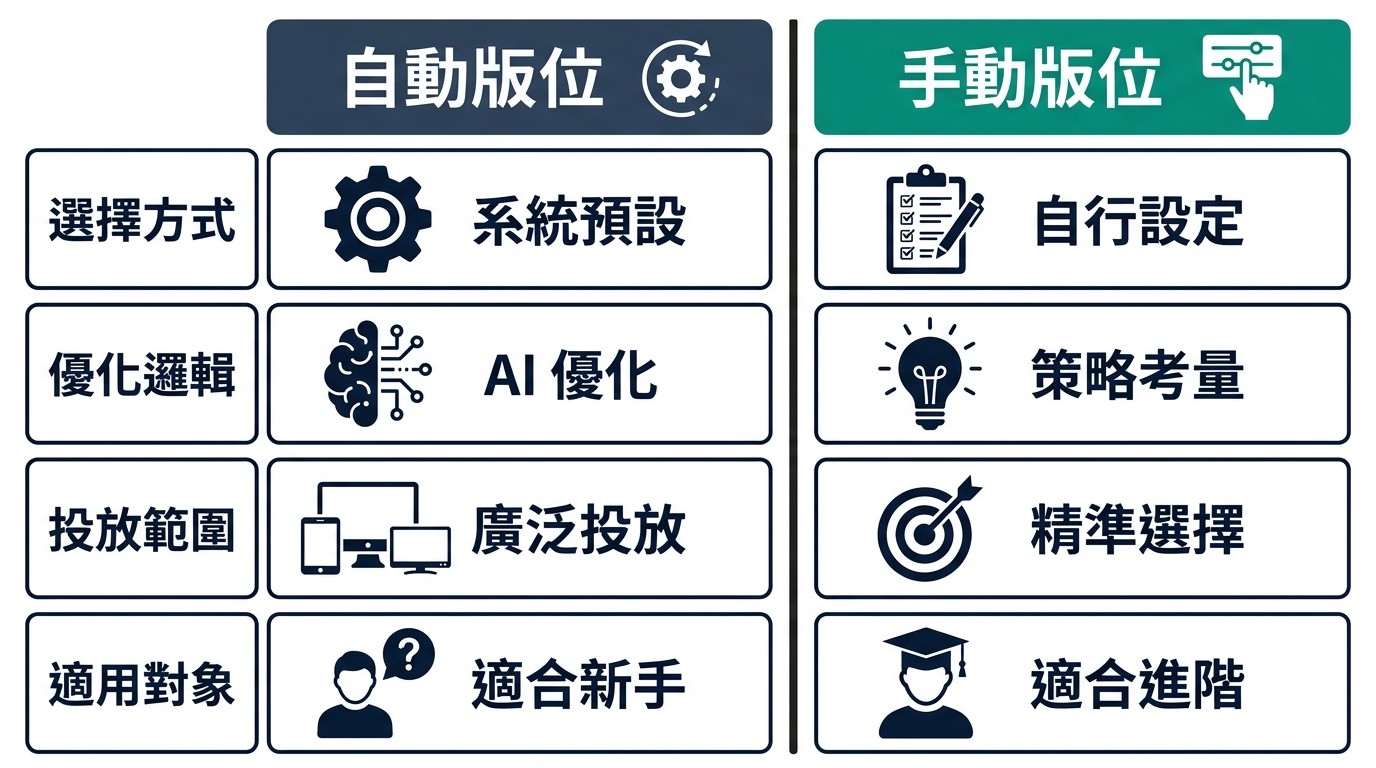 扁平雙欄對比圖，比較自動版位與手動版位在選擇方式、優化邏輯、投放範圍及適用對象上的差異。
