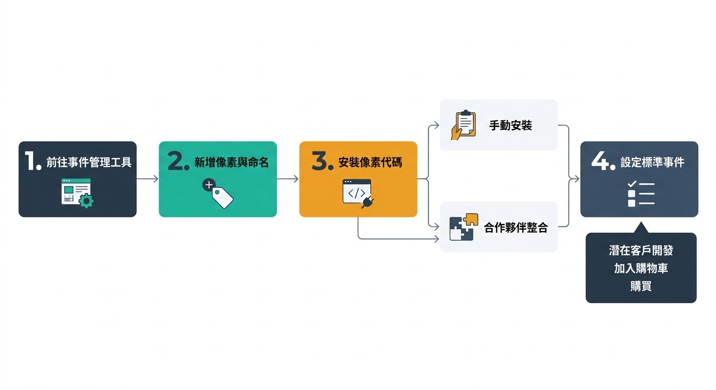 Meta 像素設定流程圖，依序為前往事件管理工具、新增像素、安裝代碼（手動或整合）、設定標準事件。