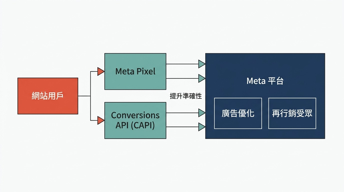 扁平圖顯示網站用戶行為經 Pixel 與 CAPI 追蹤,數據回傳 Meta 平台進行廣告優化與再行銷。
