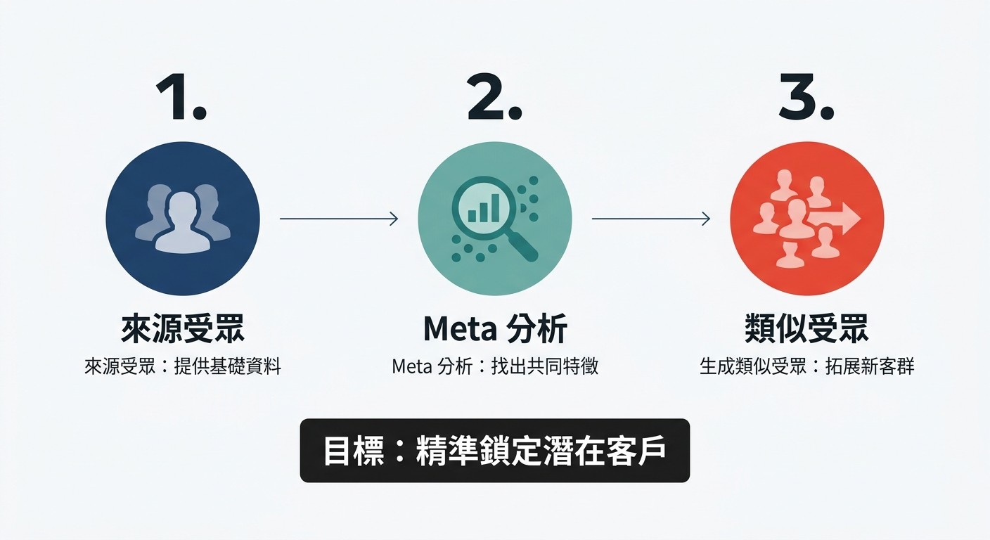 流程圖顯示類似受眾生成步驟:從來源受眾經 Meta 分析,最終拓展為新的類似受眾,目標是精準鎖定潛在客戶。