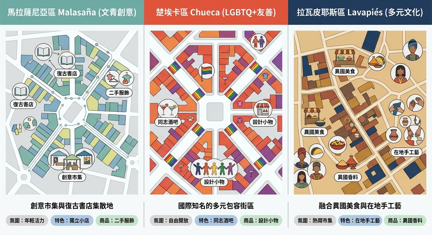馬德里 Malasaña、Chueca、Lavapiés 三區文創特色圖解,各區以圖示、標籤呈現氛圍與商品。