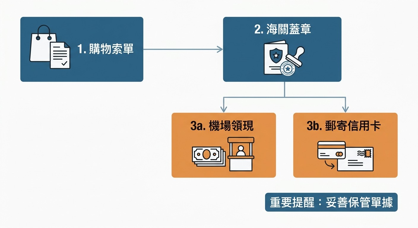 西班牙退稅流程圖，依序為購物索單、海關蓋章，再分支出機場領現與郵寄信用卡兩種退稅方式。