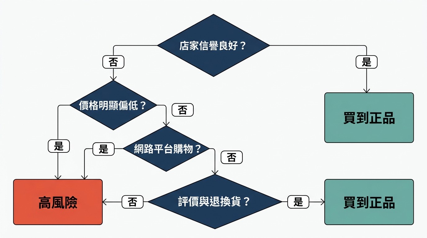 西班牙購物真偽辨識決策樹。從店家信譽、價格、網路評價三方面判斷，引導至買到正品或高風險結果。