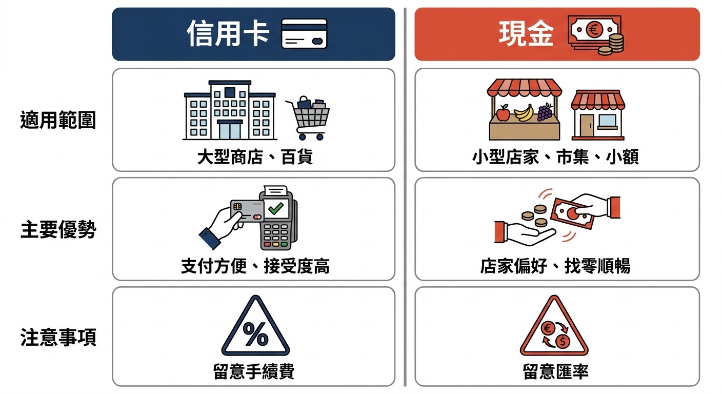 扁平雙欄資訊圖,比較西班牙購物時信用卡與現金的適用範圍、優勢與注意事項。