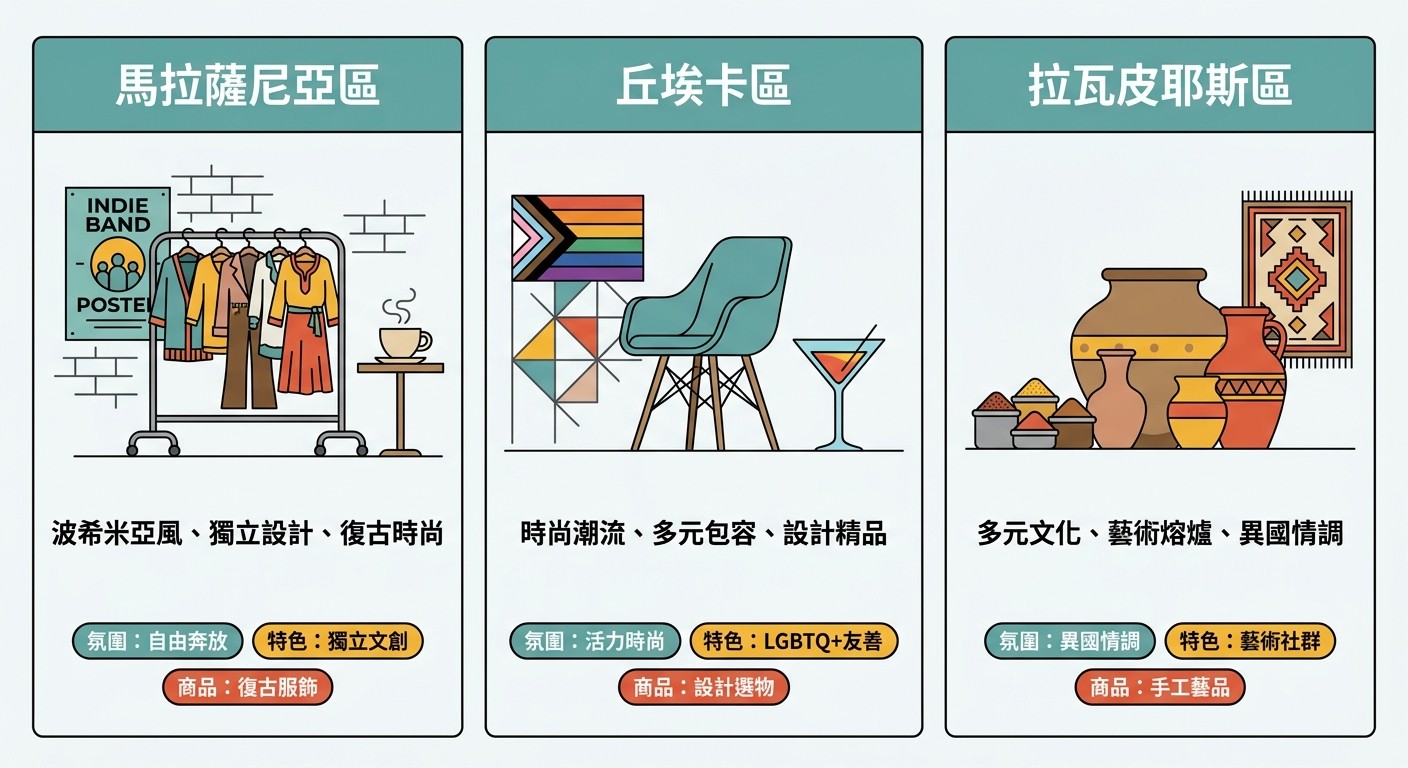 一張三格並列的資訊圖表，介紹馬德里 Malasaña、Chueca、Lavapiés 三區的特色、氛圍與商品類型。