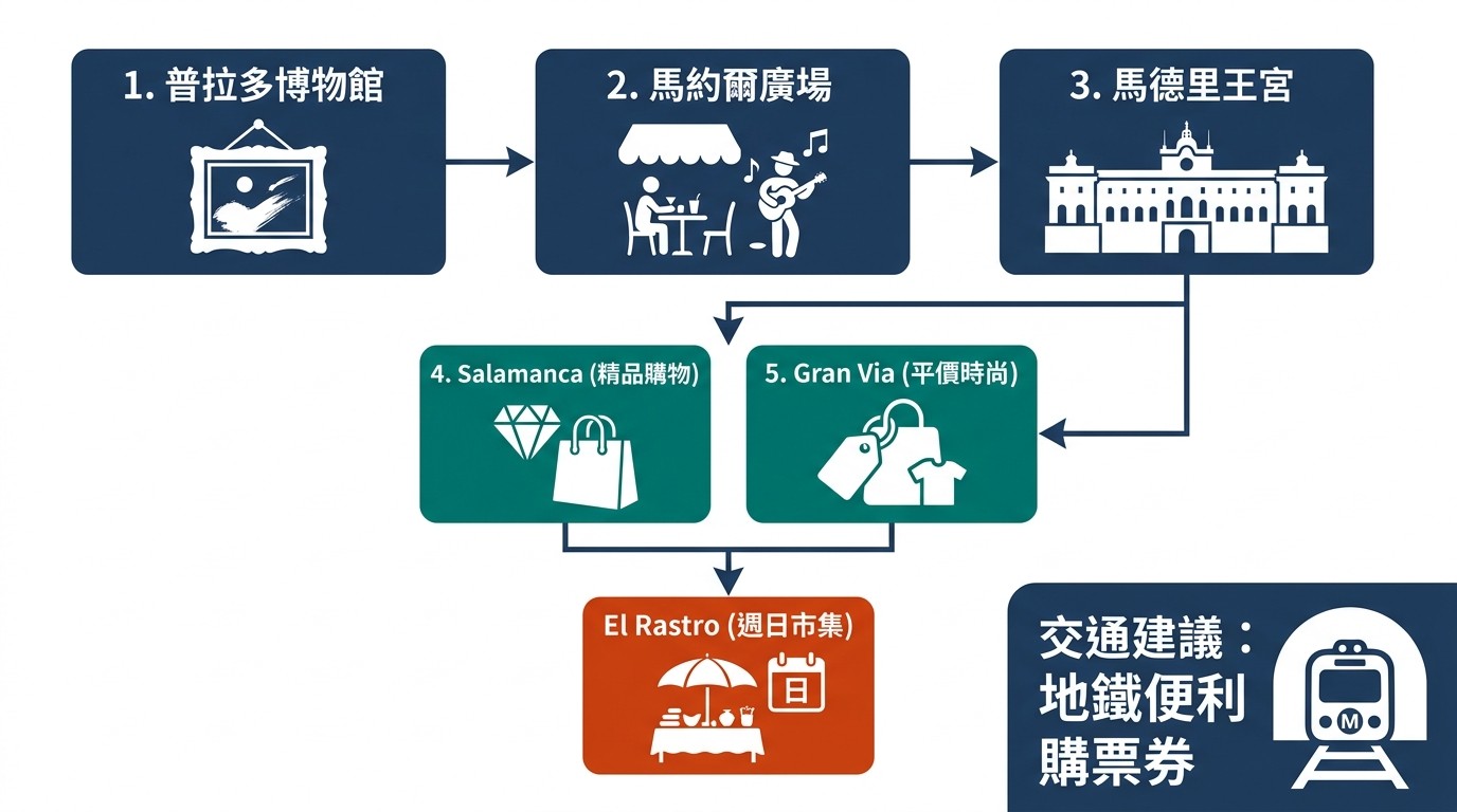 馬德里行程規劃流程圖,顯示普拉多博物館、馬約爾廣場、王宮的觀光動線,以及Salamanca、Gran Via購物區,並提及El Rastro市集與地鐵交通。